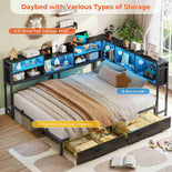 DICTAC | Corner Bed Frame with Storage Drawers & Bookcase, LED Lights & Charging Station – Black