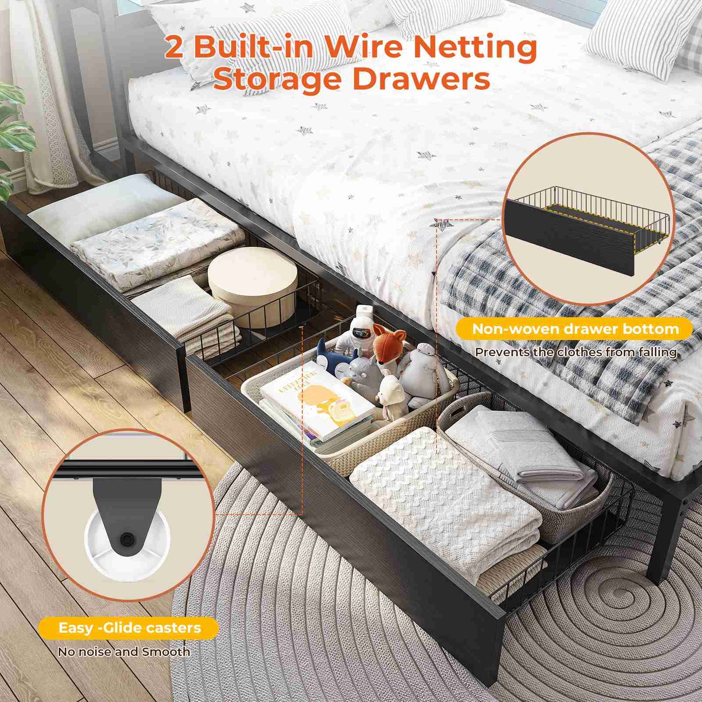 DICTAC | Corner Bed Frame with Storage, LED Lights & Charging Station, Metal Daybed with Drawers & Bookcase (Black)
