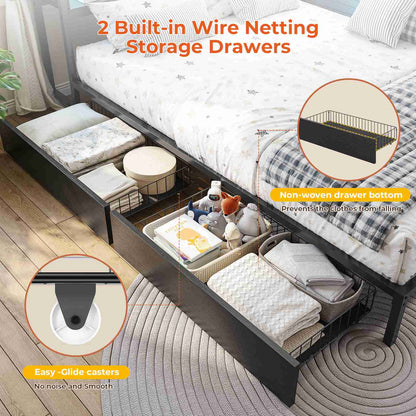 DICTAC | Corner Bed Frame with Storage, LED Lights & Charging Station, Metal Daybed with Drawers & Bookcase (Black)