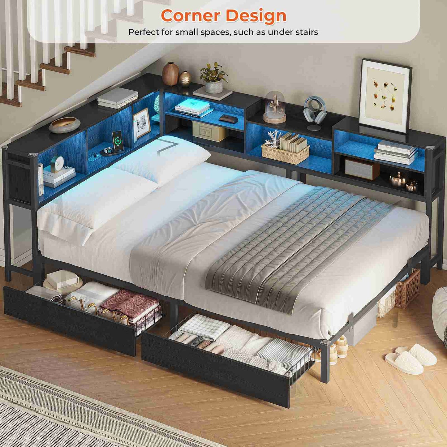 DICTAC | Corner Bed Frame with Storage, LED Lights & Charging Station, Metal Daybed with Drawers & Bookcase (Black)