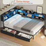 DICTAC | Corner Bed Frame with Storage Drawers & Bookcase, LED Lights & Charging Station – Black