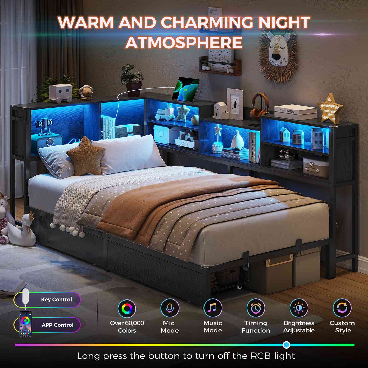 DICTAC | Corner Bed Frame with Storage, LED Lights & Charging Station, Metal Daybed with Drawers & Bookcase (Black)