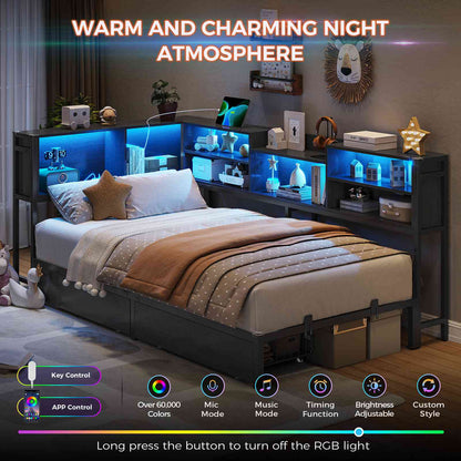DICTAC | Corner Bed Frame with Storage, LED Lights & Charging Station, Metal Daybed with Drawers & Bookcase (Black)