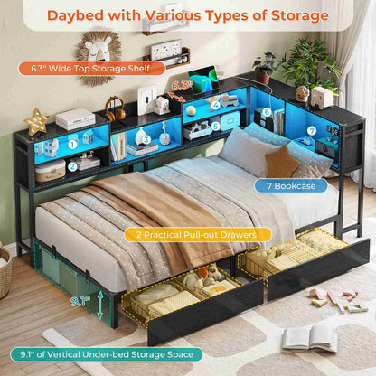 DICTAC | Corner Bed Frame with Storage, LED Lights & Charging Station, Metal Daybed with Drawers & Bookcase (Black)