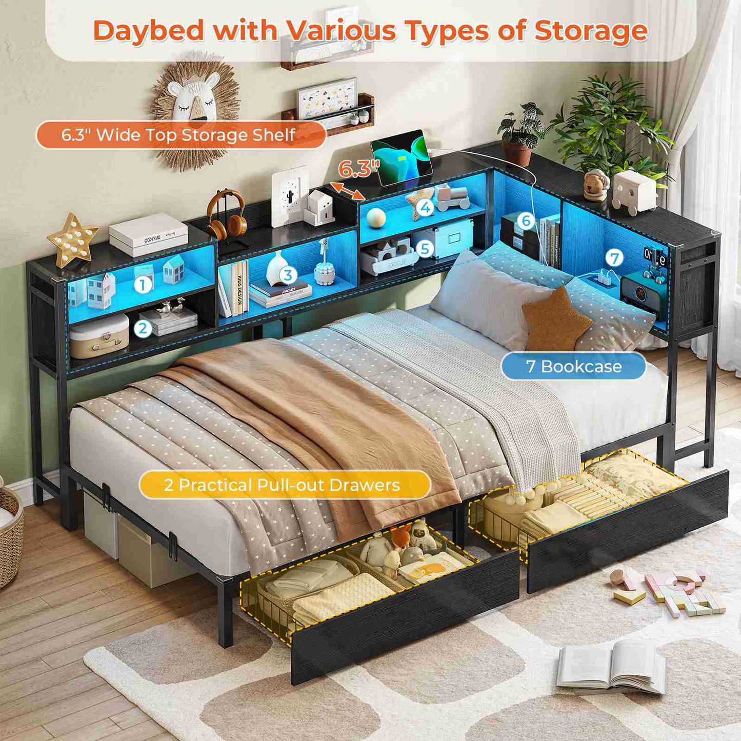 DICTAC | Corner Bed Frame with Storage, LED Lights & Charging Station, Metal Daybed with Drawers & Bookcase (Black)