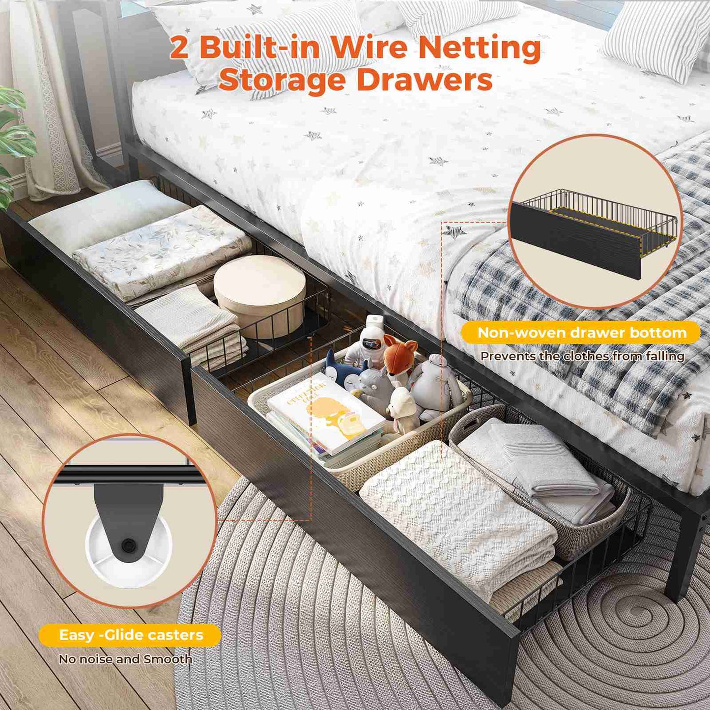 DICTAC | Corner Bed Frame with Storage, LED Lights & Charging Station, Metal Daybed with Drawers & Bookcase (Black)