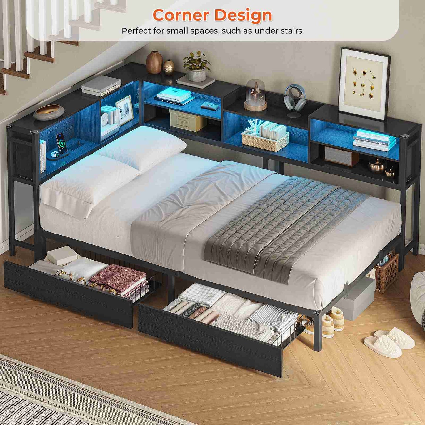 DICTAC | Corner Bed Frame with Storage, LED Lights & Charging Station, Metal Daybed with Drawers & Bookcase (Black)