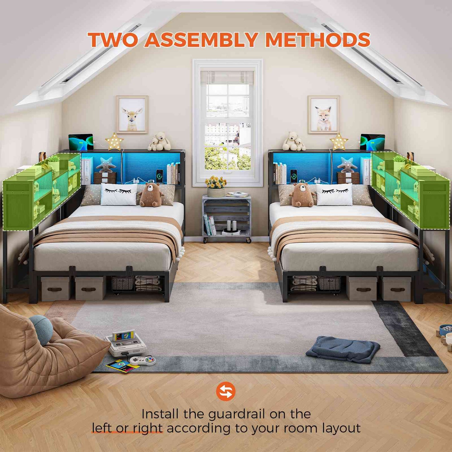 DICTAC | Corner Bed Frame with Storage, LED Lights & Charging Station, Metal Daybed with Drawers & Bookcase (Black)