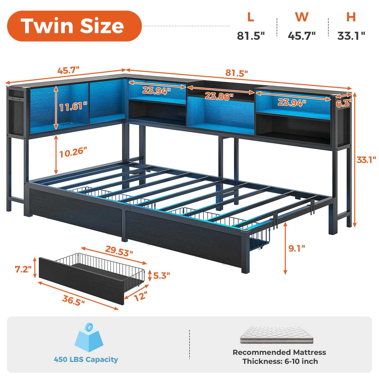 DICTAC | Corner Bed Frame with Storage, LED Lights & Charging Station, Metal Daybed with Drawers & Bookcase (Black)