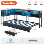 DICTAC | Corner Bed Frame with Storage Drawers & Bookcase, LED Lights & Charging Station – Black