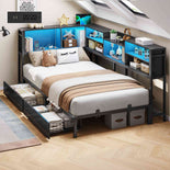 DICTAC | Corner Bed Frame with Storage Drawers & Bookcase, LED Lights & Charging Station – Black