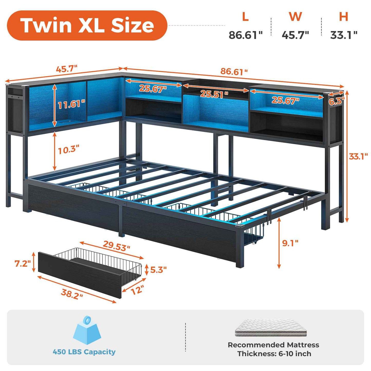 DICTAC | Corner Bed Frame with Storage, LED Lights & Charging Station, Metal Daybed with Drawers & Bookcase (Black)