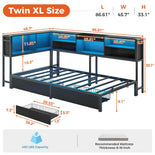 DICTAC | Corner Bed Frame with Storage Drawers & Bookcase, LED Lights & Charging Station – Black