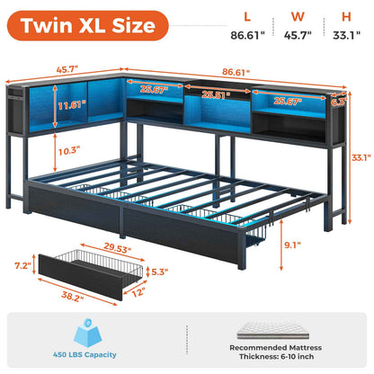 DICTAC | Corner Bed Frame with Storage, LED Lights & Charging Station, Metal Daybed with Drawers & Bookcase (Black)