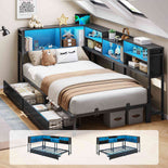 DICTAC | Corner Bed Frame with Storage Drawers & Bookcase, LED Lights & Charging Station – Black