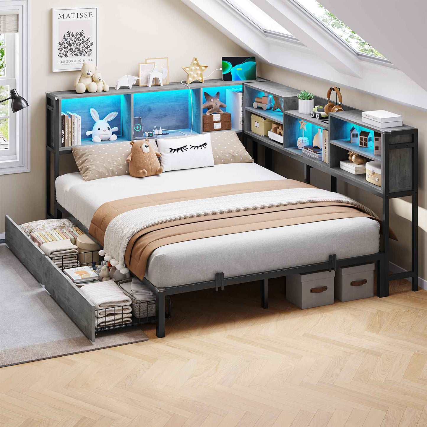 DICTAC | Corner Bed Frame with Storage, LED Lights & Charging Station, Metal Daybed with Drawers & Bookcase (Oak Gray)