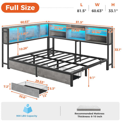 DICTAC | Corner Bed Frame with Storage, LED Lights & Charging Station, Metal Daybed with Drawers & Bookcase (Oak Gray)