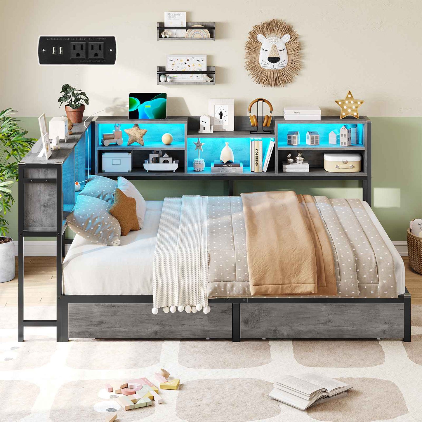 DICTAC | Corner Bed Frame with Storage, LED Lights & Charging Station, Metal Daybed with Drawers & Bookcase (Oak Gray)