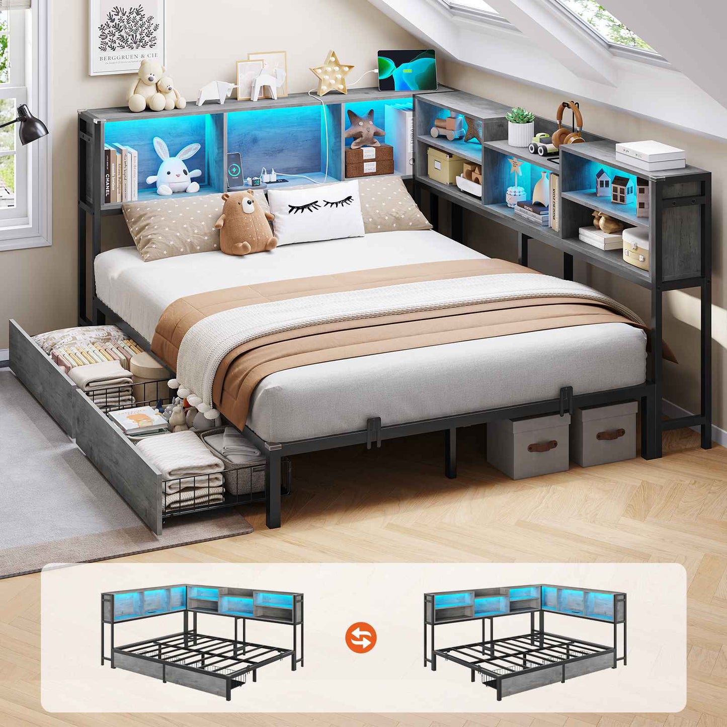 DICTAC | Corner Bed Frame with Storage, LED Lights & Charging Station, Metal Daybed with Drawers & Bookcase (Oak Gray)