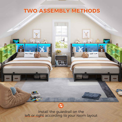 DICTAC | Corner Bed Frame with Storage, LED Lights & Charging Station, Metal Daybed with Drawers & Bookcase (Oak Gray)