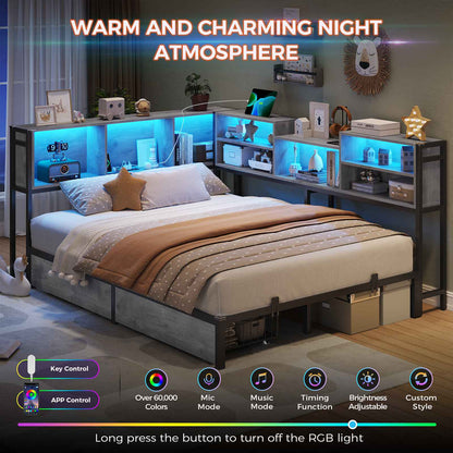 DICTAC | Corner Bed Frame with Storage, LED Lights & Charging Station, Metal Daybed with Drawers & Bookcase (Oak Gray)