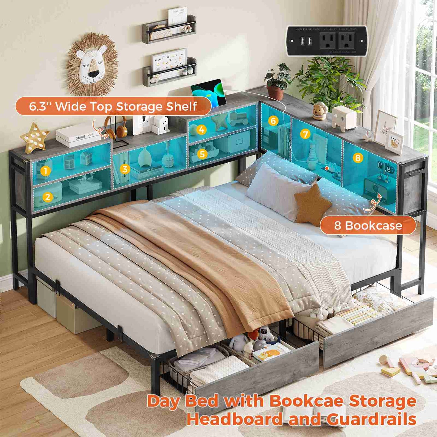 DICTAC | Corner Bed Frame with Storage, LED Lights & Charging Station, Metal Daybed with Drawers & Bookcase (Oak Gray)