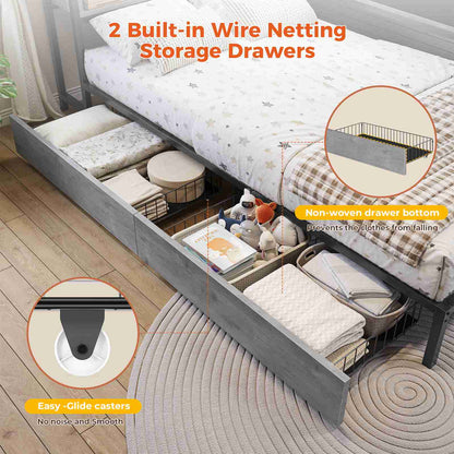 DICTAC | Corner Bed Frame with Storage, LED Lights & Charging Station, Metal Daybed with Drawers & Bookcase (Oak Gray)