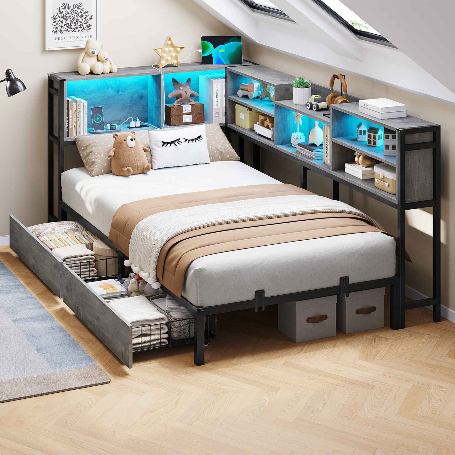 DICTAC | Corner Bed Frame with Storage, LED Lights & Charging Station, Metal Daybed with Drawers & Bookcase (Oak Gray)
