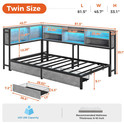 DICTAC | Corner Bed Frame with Storage, LED Lights & Charging Station, Metal Daybed with Drawers & Bookcase (Oak Gray)
