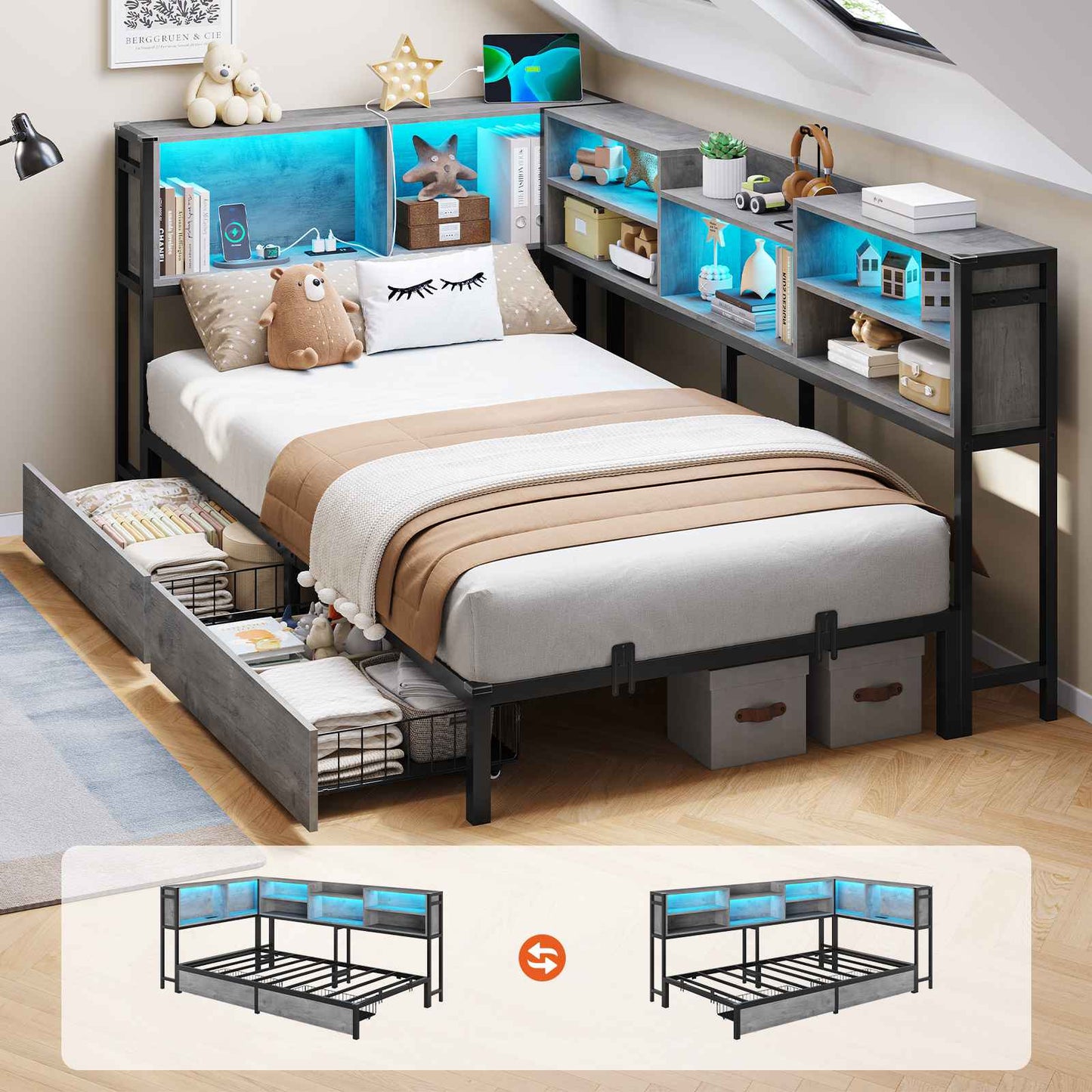 DICTAC | Corner Bed Frame with Storage, LED Lights & Charging Station, Metal Daybed with Drawers & Bookcase (Oak Gray)