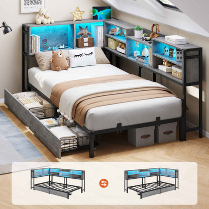 DICTAC | Corner Bed Frame with Storage, LED Lights & Charging Station, Metal Daybed with Drawers & Bookcase (Oak Gray)