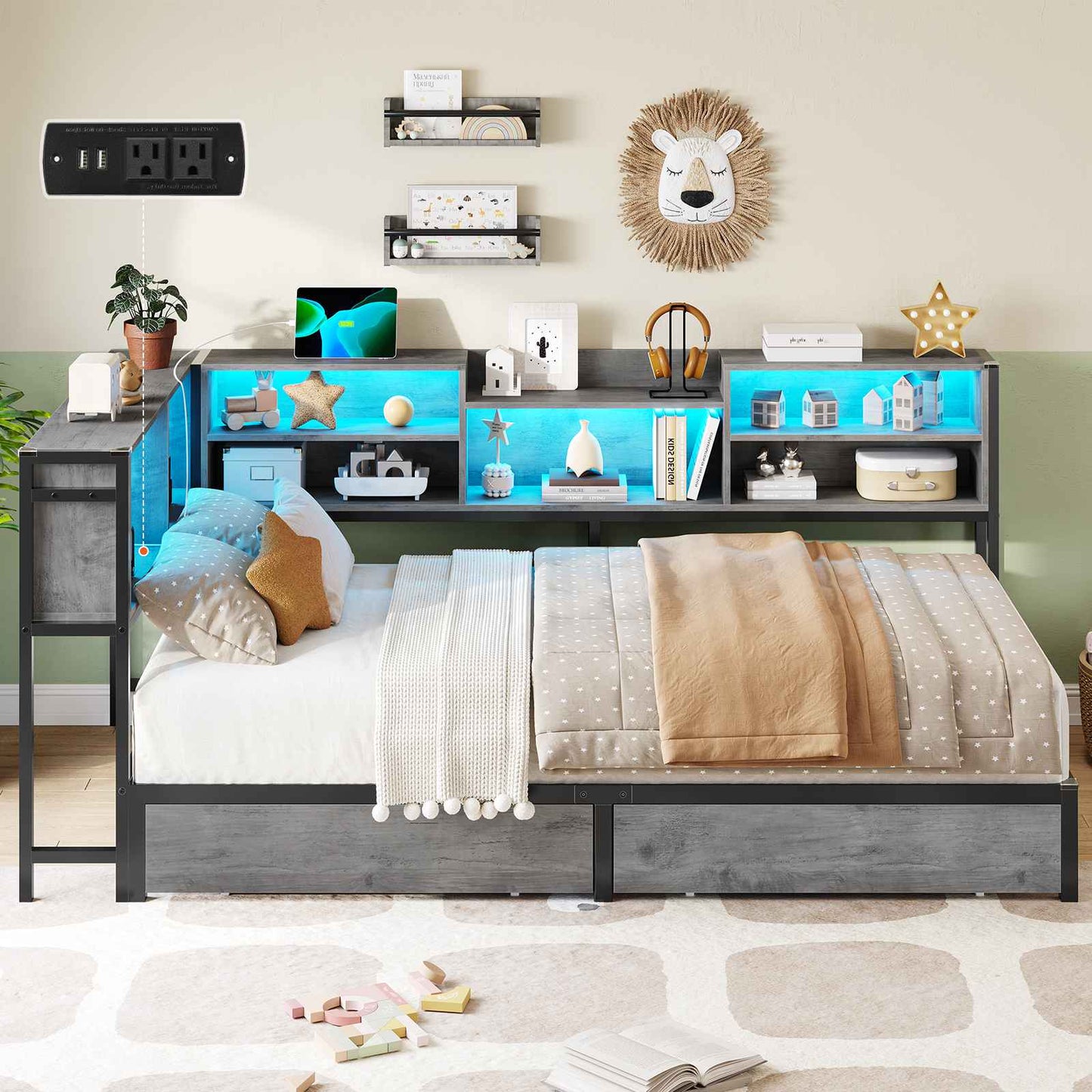 DICTAC | Corner Bed Frame with Storage, LED Lights & Charging Station, Metal Daybed with Drawers & Bookcase (Oak Gray)