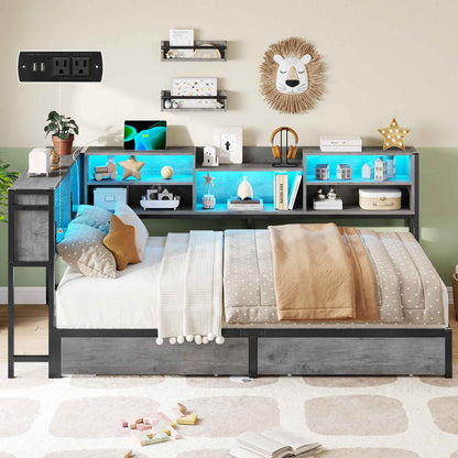 DICTAC | Corner Bed Frame with Storage, LED Lights & Charging Station, Metal Daybed with Drawers & Bookcase (Oak Gray)