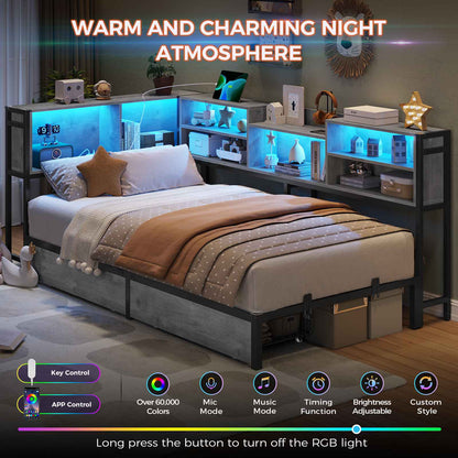 DICTAC | Corner Bed Frame with Storage, LED Lights & Charging Station, Metal Daybed with Drawers & Bookcase (Oak Gray)