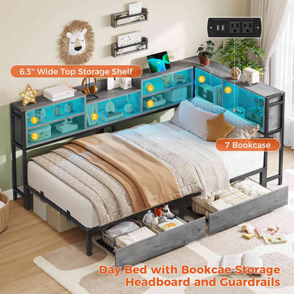 DICTAC | Corner Bed Frame with Storage, LED Lights & Charging Station, Metal Daybed with Drawers & Bookcase (Oak Gray)