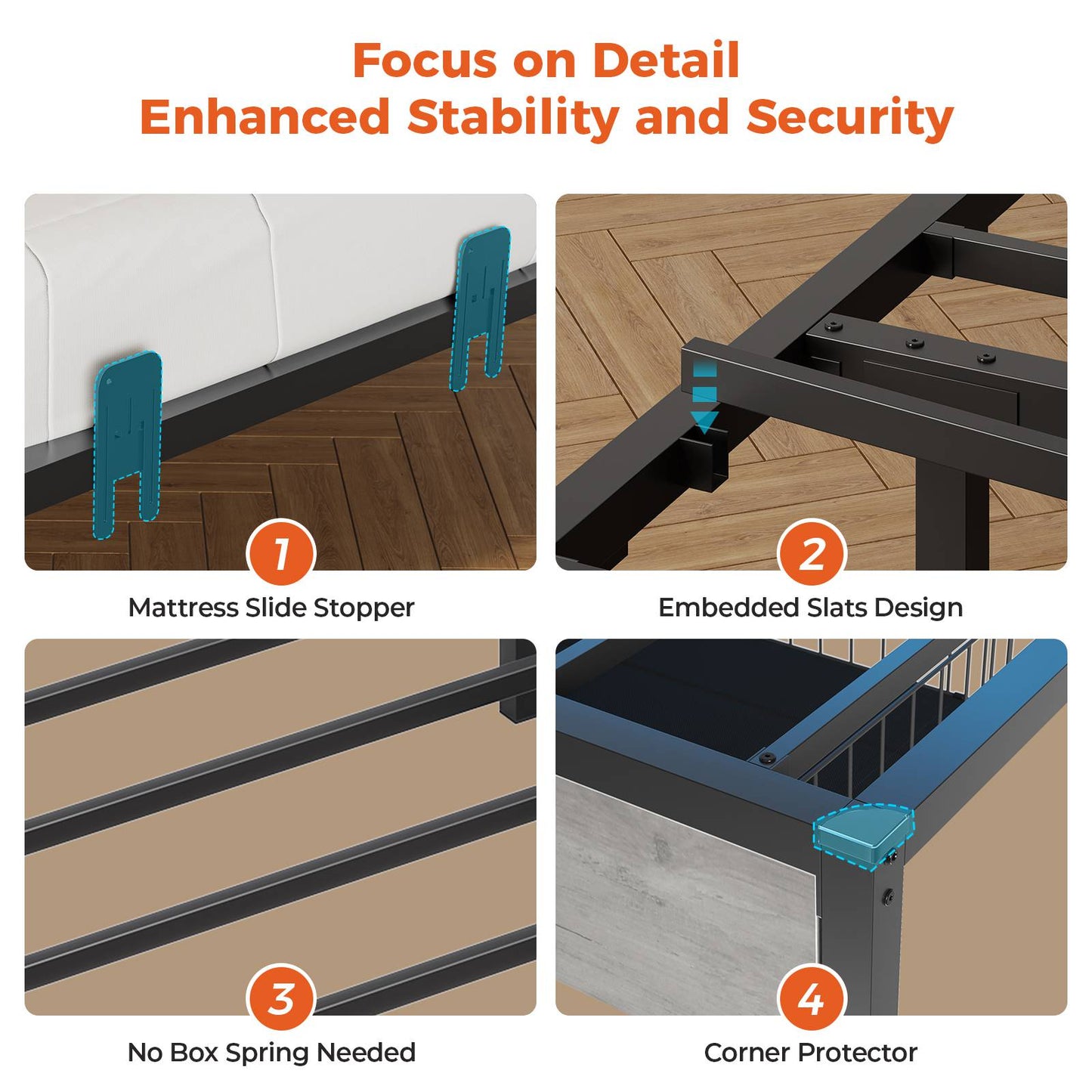 DICTAC | Corner Bed Frame with Storage, LED Lights & Charging Station, Metal Daybed with Drawers & Bookcase (Oak Gray)