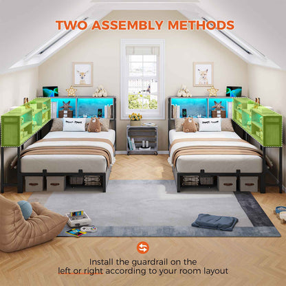 DICTAC | Corner Bed Frame with Storage, LED Lights & Charging Station, Metal Daybed with Drawers & Bookcase (Oak Gray)