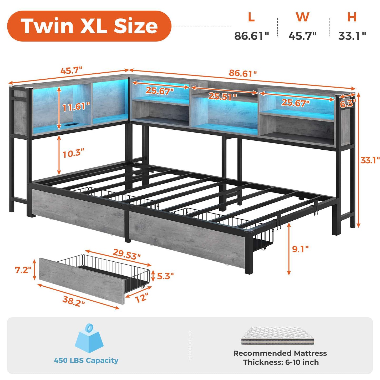 DICTAC | Corner Bed Frame with Storage, LED Lights & Charging Station, Metal Daybed with Drawers & Bookcase (Oak Gray)