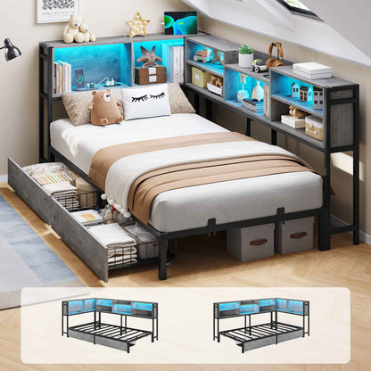 DICTAC | Corner Bed Frame with Storage, LED Lights & Charging Station, Metal Daybed with Drawers & Bookcase (Oak Gray)