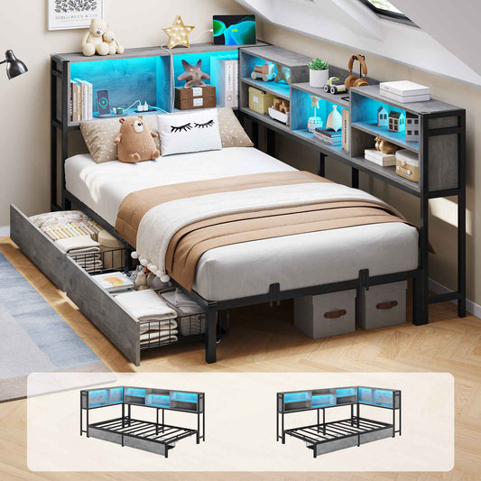 DICTAC | Corner Bed Frame with Storage, LED Lights & Charging Station, Metal Daybed with Drawers & Bookcase (Oak Gray)