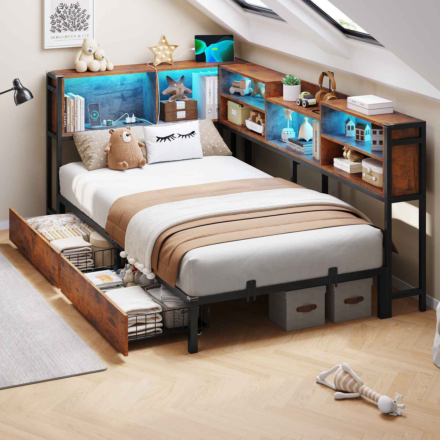 DICTAC | Twin Corner Bed Frame with Storage, LED Lights & Charging Station, Metal Daybed with Drawers & Bookcase (Rustic)