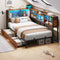 DICTAC | Twin Corner Bed Frame with Storage, LED Lights & Charging Station, Metal Daybed with Drawers & Bookcase (Rustic)
