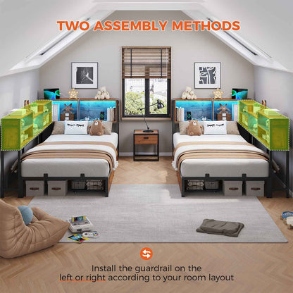 DICTAC | Twin Corner Bed Frame with Storage, LED Lights & Charging Station, Metal Daybed with Drawers & Bookcase (Rustic)
