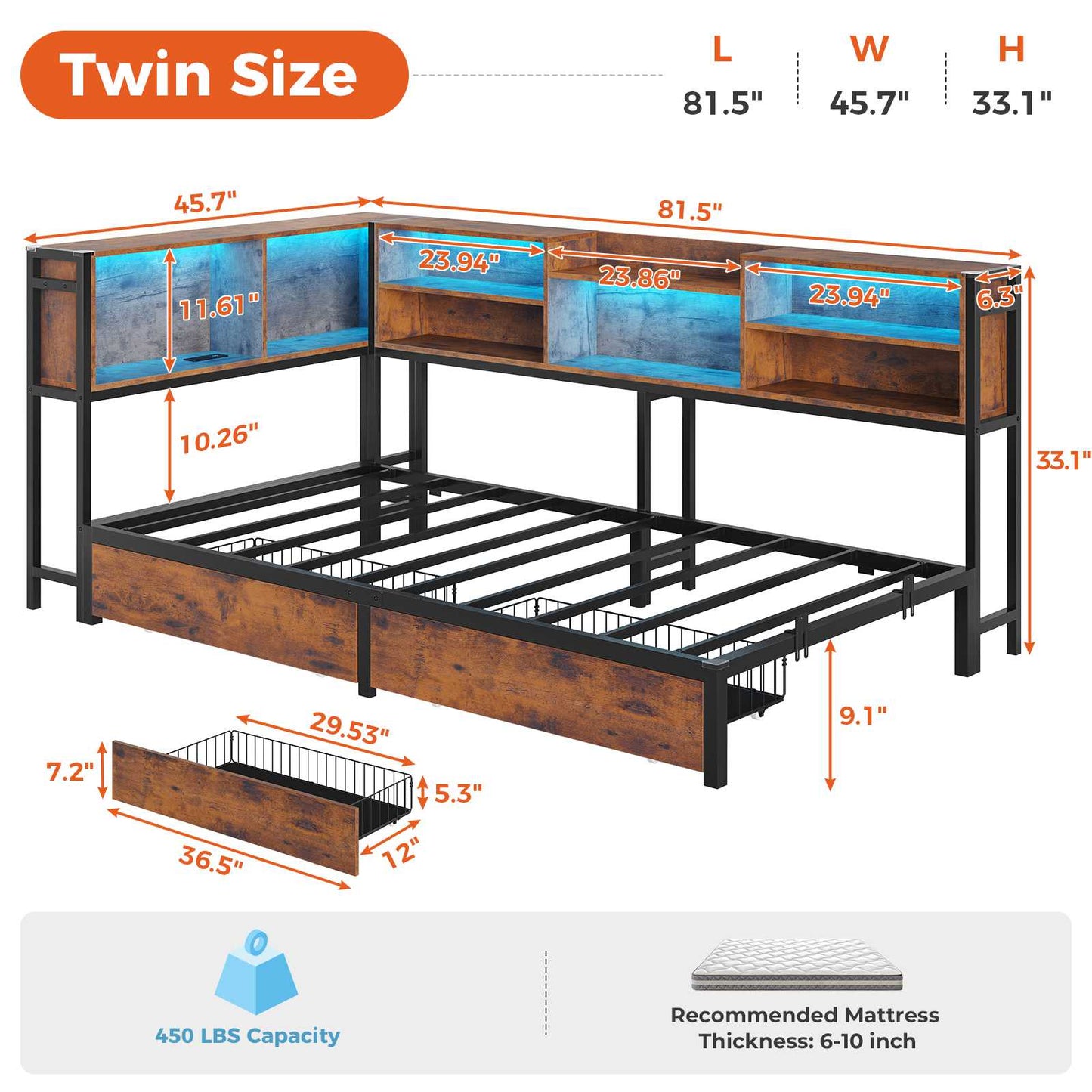 DICTAC | Twin Corner Bed Frame with Storage, LED Lights & Charging Station, Metal Daybed with Drawers & Bookcase (Rustic)