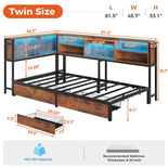 DICTAC | Corner Bed Frame with Storage Drawers & Bookcase, LED Lights & Charging Station – Rustic