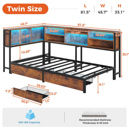 DICTAC | Twin Corner Bed Frame with Storage, LED Lights & Charging Station, Metal Daybed with Drawers & Bookcase (Rustic)