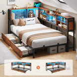 DICTAC | Corner Bed Frame with Storage Drawers & Bookcase, LED Lights & Charging Station – Rustic