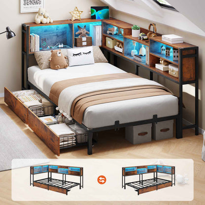 DICTAC | Twin Corner Bed Frame with Storage, LED Lights & Charging Station, Metal Daybed with Drawers & Bookcase (Rustic)