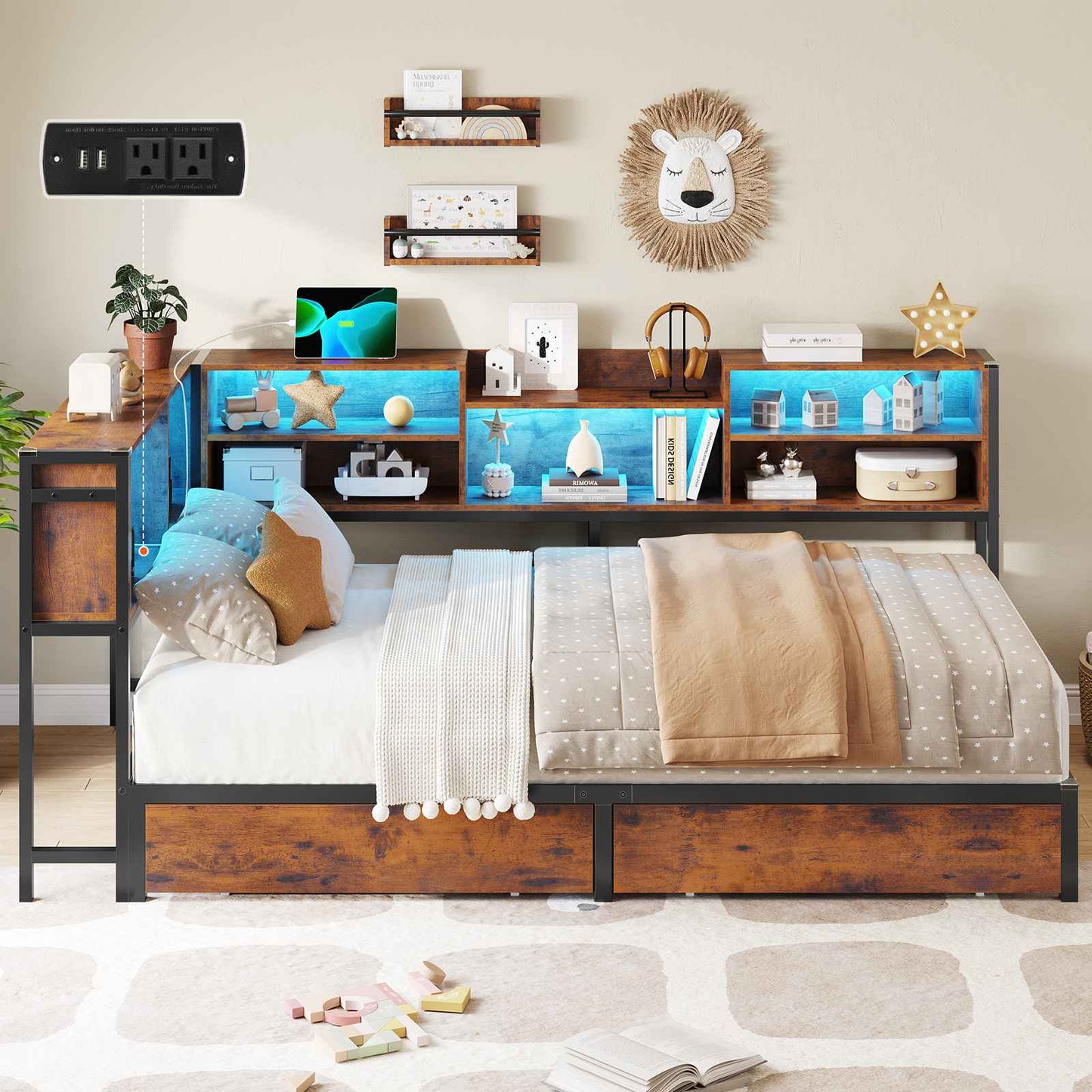 DICTAC | Twin Corner Bed Frame with Storage, LED Lights & Charging Station, Metal Daybed with Drawers & Bookcase (Rustic)