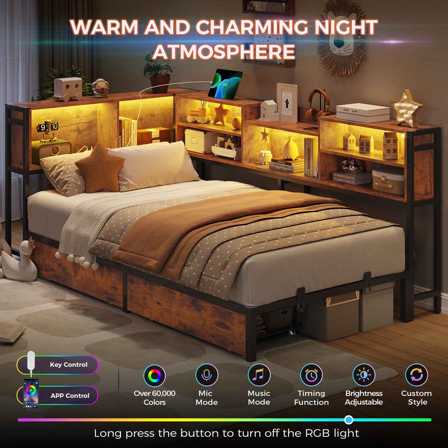 DICTAC | Twin Corner Bed Frame with Storage, LED Lights & Charging Station, Metal Daybed with Drawers & Bookcase (Rustic)